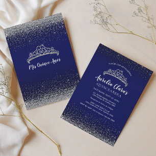 Chic Sparkling Blue Silver Tiara Quinceanera Invitation