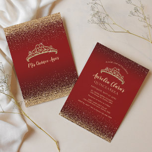 Chic Sparkling Red Gold Glitter Tiara Quinceanera Invitation