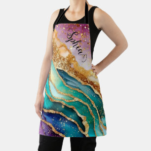 Chic Sparkly Glitter Golden Rainbow Agate Glamour Apron