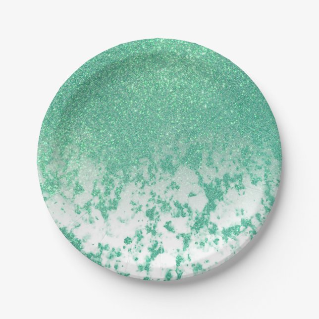 Chic Sparkly Mermaid Green Glitter Marble Ombre Paper Plate (Front)