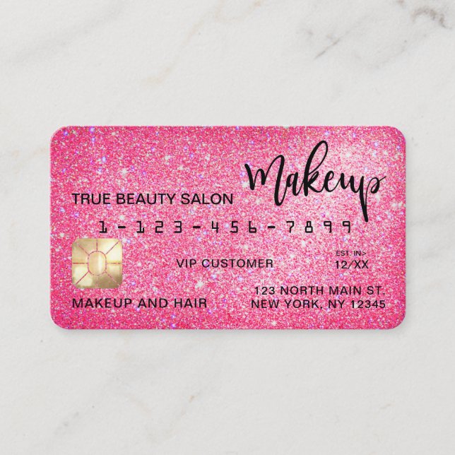 Chic Sparkly Neon Pink Glitter Credit Card Makeup (Front)