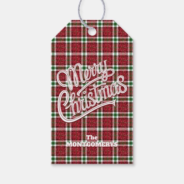 Chic Sparkly Plaid Christmas  Gift Tags (Front)