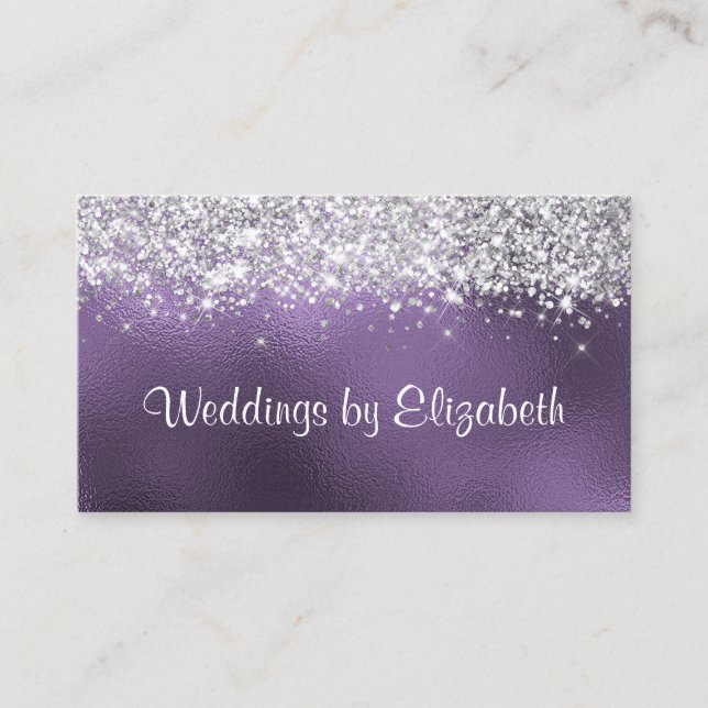 Chic Sparkly Silver Glitter Amethyst Foil Business Card (Front)