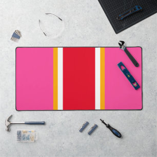 Chic Sporty Bright Red Candy Pink Racing Stripes Desk Mat
