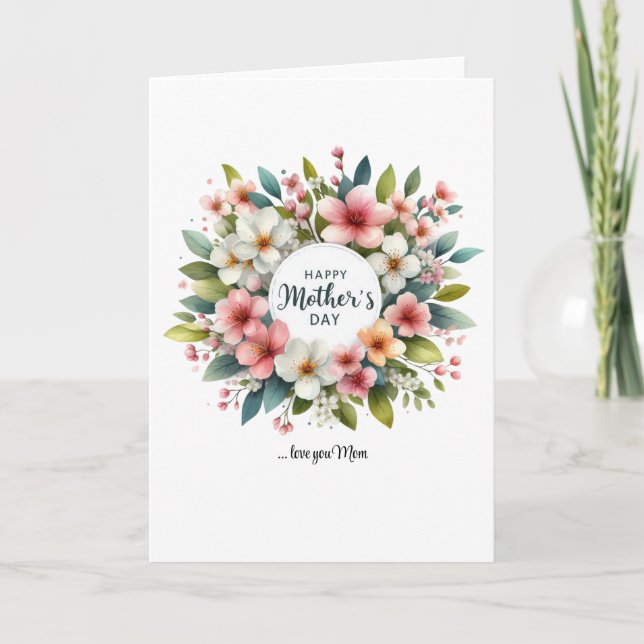 Chic spring blush floral wreath Happy Mother's Day Holiday Card (Front)