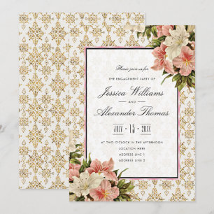 Chic Spring Bouquets & Gold Glitters Engagement Invitation
