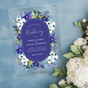 Chic spring dusty blue dark purple floral wedding acrylic invitations