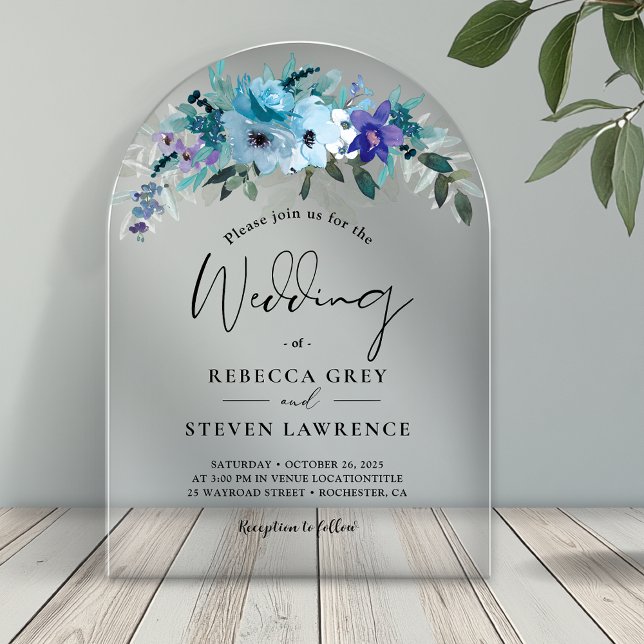 Chic spring dusty blue purple floral wedding arch acrylic invitations (Creator Uploaded)