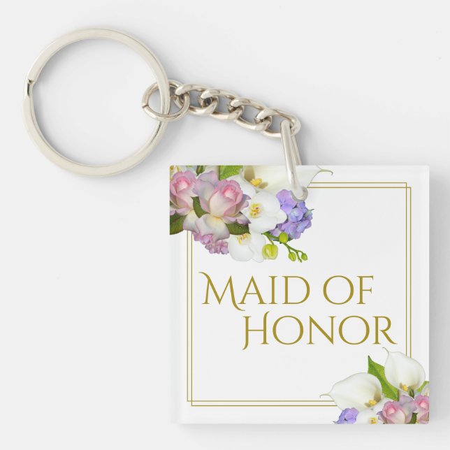 Chic Spring Floral Maid of Honour Wedding Favour Key Ring (Front)