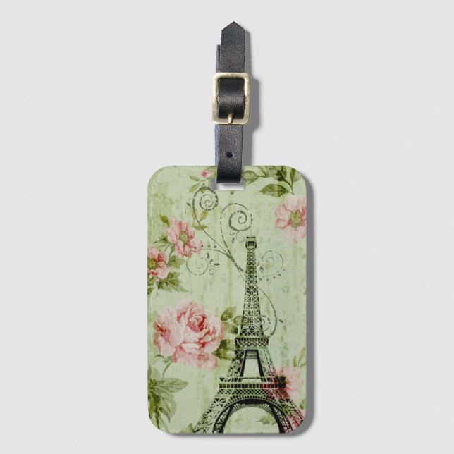 chic spring mint pink floral paris eiffel tower luggage tag (Front Vertical)