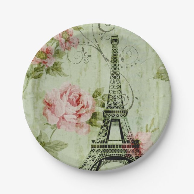 chic spring mint pink floral paris eiffel tower paper plate (Front)