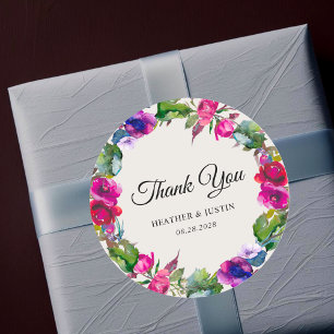 chic spring summer pink purple wedding thank you classic round sticker