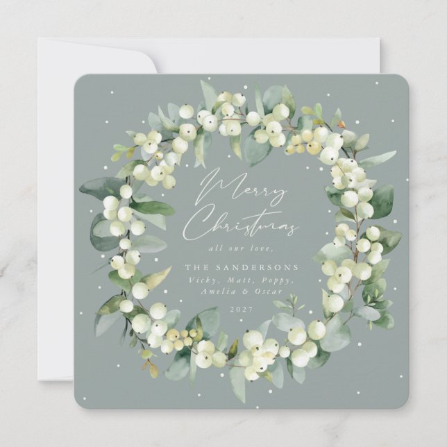Chic Square Snowberry+Eucalyptus Christmas Wreath Holiday Card (Front)