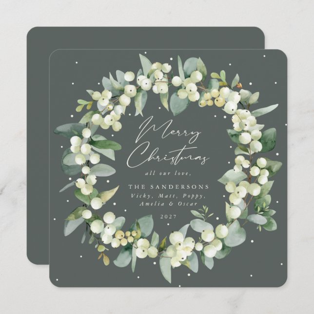 Chic Square Snowberry+Eucalyptus Christmas Wreath Holiday Card (Front/Back)