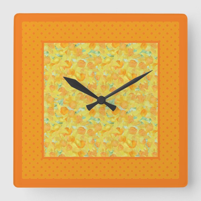 Chic Square Wall Clock, Daffodils and Polka Dots Square Wall Clock (Front)