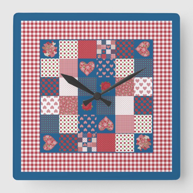 Chic Square Wall Clock, Faux-Patchwork, Gingham Square Wall Clock (Front)