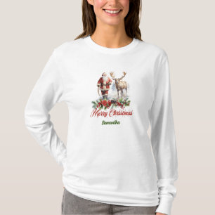 Chic standard red and green Santa with reindeer T-Shirt