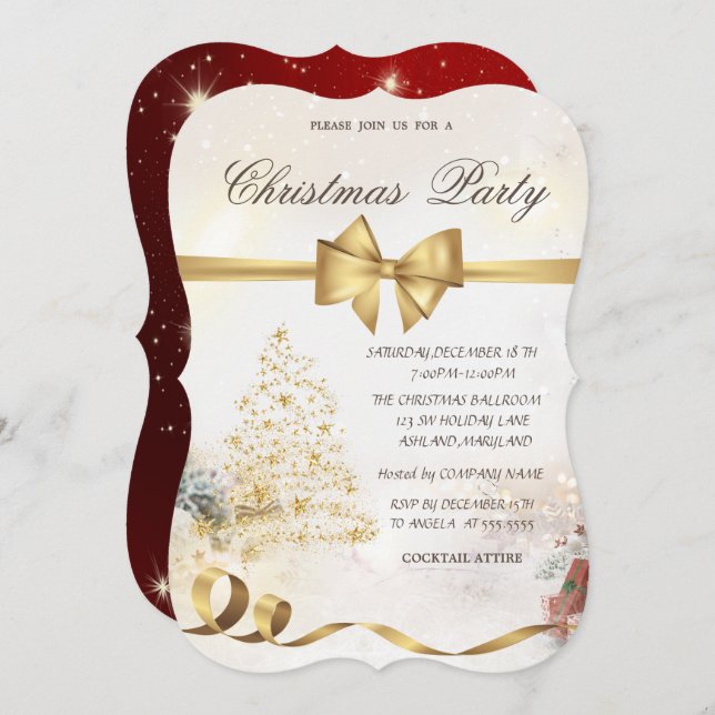 Chic Stars Christmas Tree ,Bow,Red,Christmas Party Invitation (Front/Back)