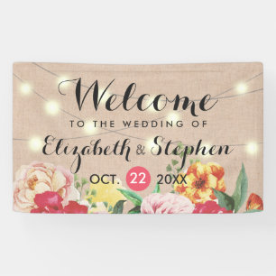 Chic String Lights and Linen Floral Wedding Banner