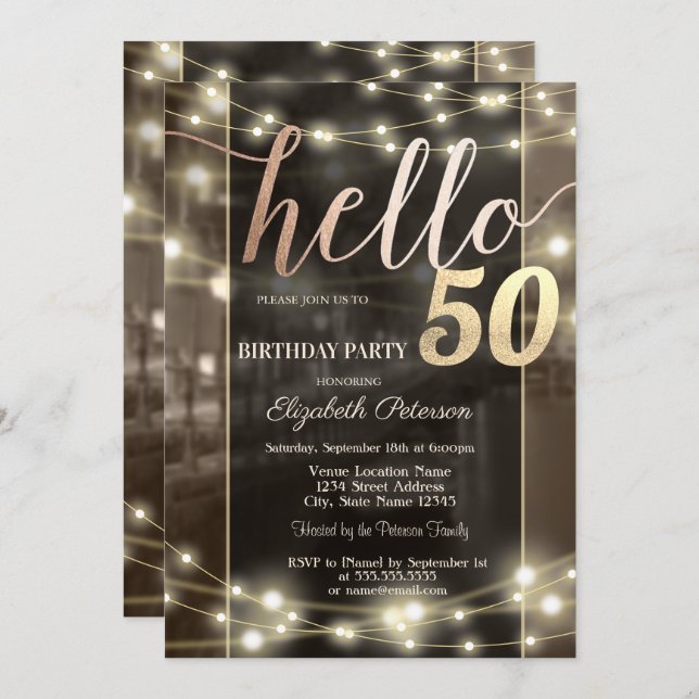 Chic String Lights Black 50th Birthday Party Invitation (Front/Back)