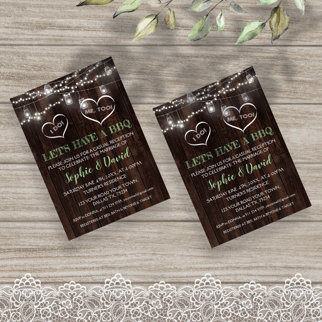 Chic String Lights Mason Jar Old Barn I DO BBQ Invitation (I do bbq wedding invitation, string lights, wood, modern trendy wedding typography)