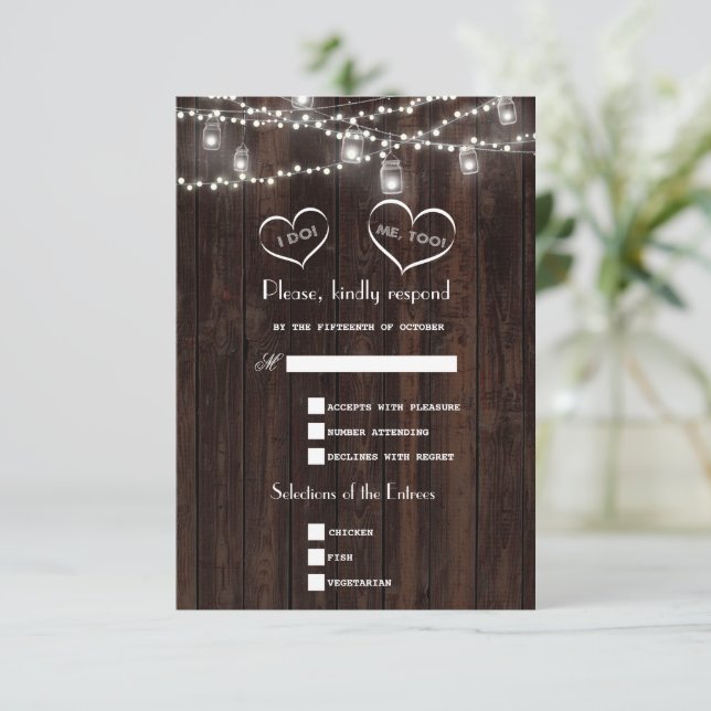 Chic String Lights Mason Jar Old Barn Wedding  RSVP Card (Standing Front)