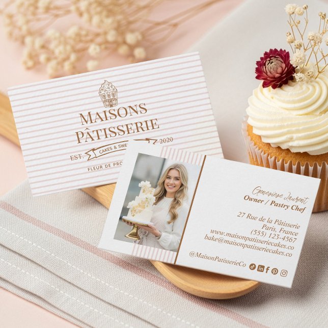 Chic Stripe Floral Cupcake Pastry Cake Bakery Shop Business Card (Chic Stripe Floral Cupcake Pastry Cake Bakery Shop Business Card)