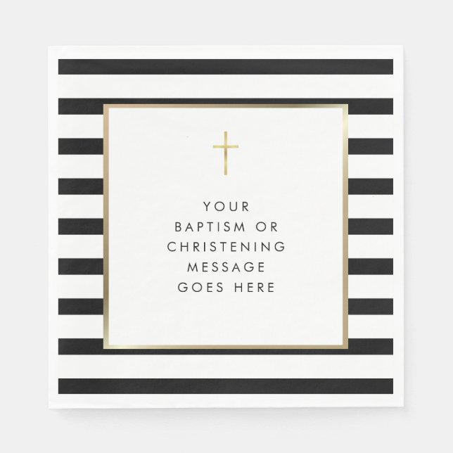 Chic Stripe Gold Cross Baptism Christening Message Napkin (Front)