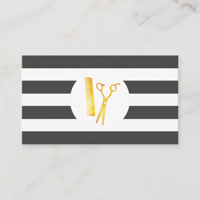 Chic Stripe Pattern Golden Scissors Comb Business Card (Front)