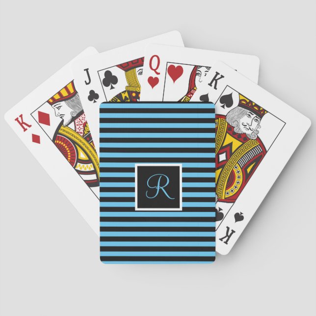 Chic Striped Blue and Black Custom Initial Letter Playing Cards (Back)