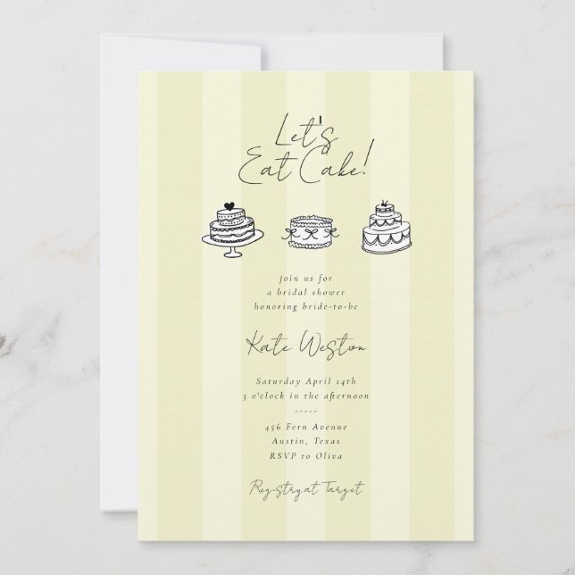 Chic Striped Let’s Eat Cake Yellow Bridal Shower Invitation (Front)