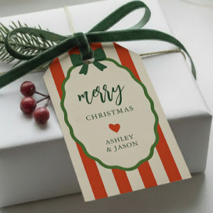 Chic Striped Red & Green Retro Merry Christmas Gift Tags