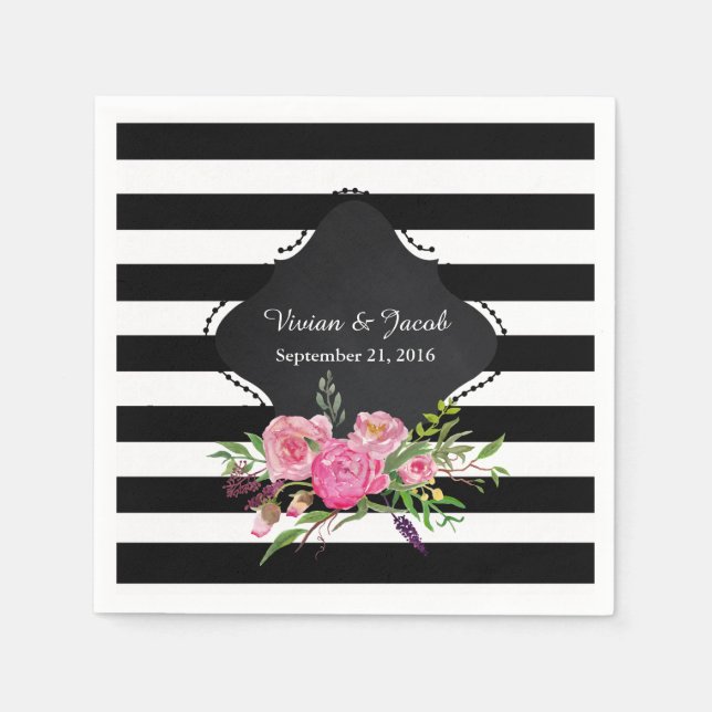 Chic Stripes and Peonies Wedding Napkin (Front)