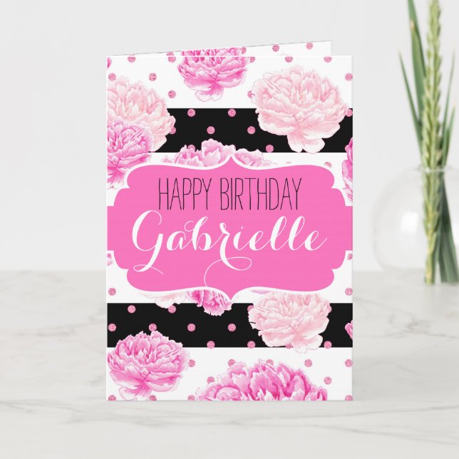 Chic Stripes Pink Floral Watercolor Happy Birthday Card (Front)