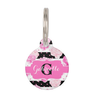 Chic Stripes Pink Flowers Name Initial Cat or Dog Pet Tag