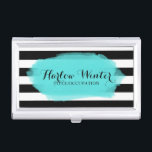 Chic Stripes Turquoise Black White Business Card Holder<br><div class="desc">Chic business card holder featuring black and white stripes under a turquoise smudge. Your name in a charming,  swirly script,  and your occupation or title in an elegant standard serif.</div>