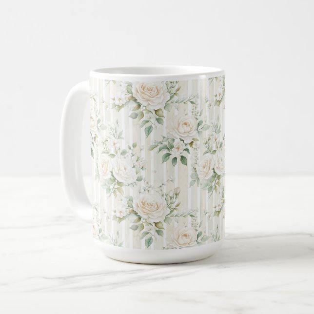 Chic Stripes White Floral Romantic Wedding Coffee Mug (Front Left)