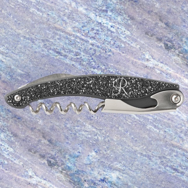 Chic Stylish Black Glitter Look Monogram Gift Corkscrew (Creator Uploaded)