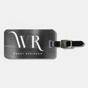 Chic Stylish Black Metal Two Monogram Initial Luggage Tag
