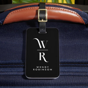 Chic Stylish Black Two Monogram Initial Luggage Tag