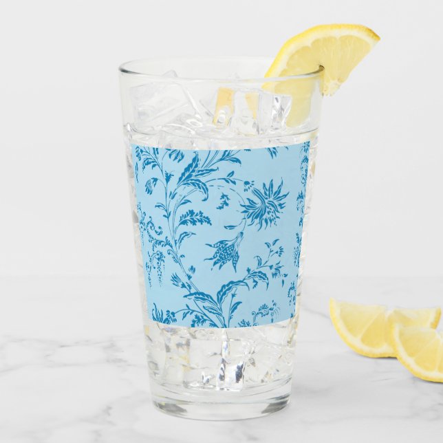 Chic Stylish Blue Floral Damask Pattern Tall Drink Glass (Back Ice)