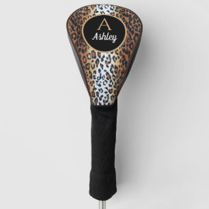 Chic Stylish Brown Black White Leopard Custom Name Golf Head Cover