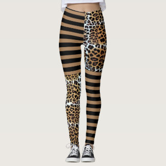 Chic Stylish Brown Leopard & Black Brown Stripes  Leggings