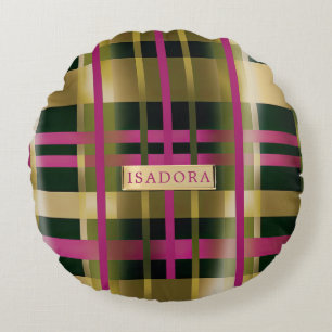 Chic & Stylish Fuchsia Green Plaid Personalised Round Cushion