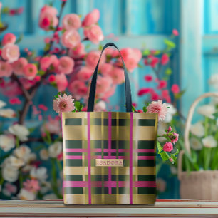 Chic & Stylish Fuchsia Green Plaid Personalised  Tote Bag