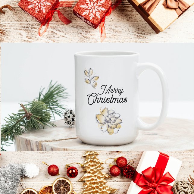 Chic Stylish Gold Botanical Floral Merry Christmas Coffee Mug (Creator Uploaded)