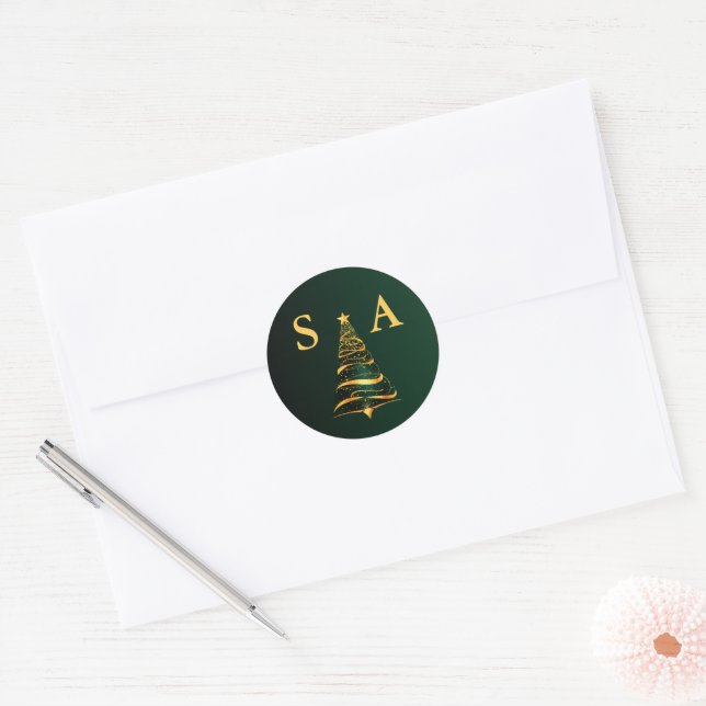 Chic Stylish Gold Christmas Tree Monogram Wedding Classic Round Sticker (Envelope)