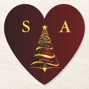 Chic Stylish Gold Christmas Tree Monogram Wedding Paper Coaster