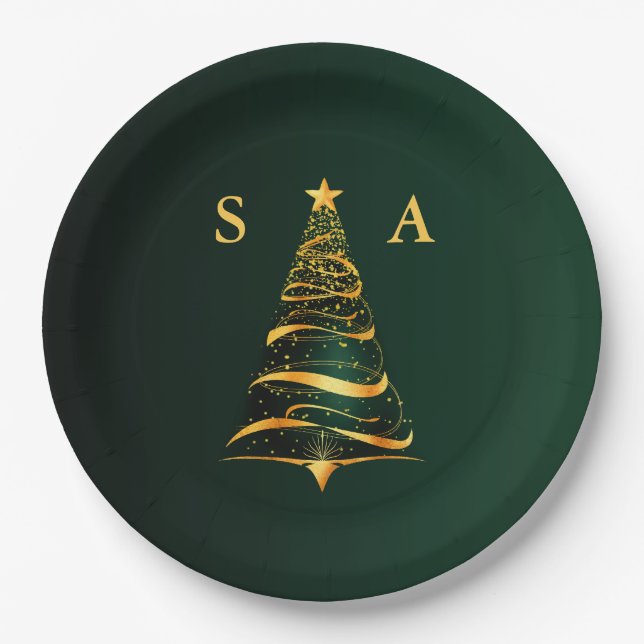 Chic Stylish Gold Christmas Tree Monogram Wedding Paper Plate (Front)