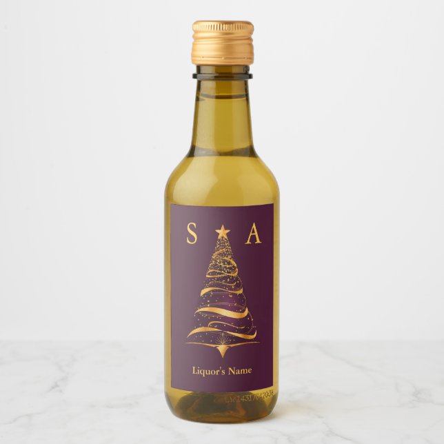 Chic Stylish Gold Christmas Tree Monogram Wedding Wine Label (Front)